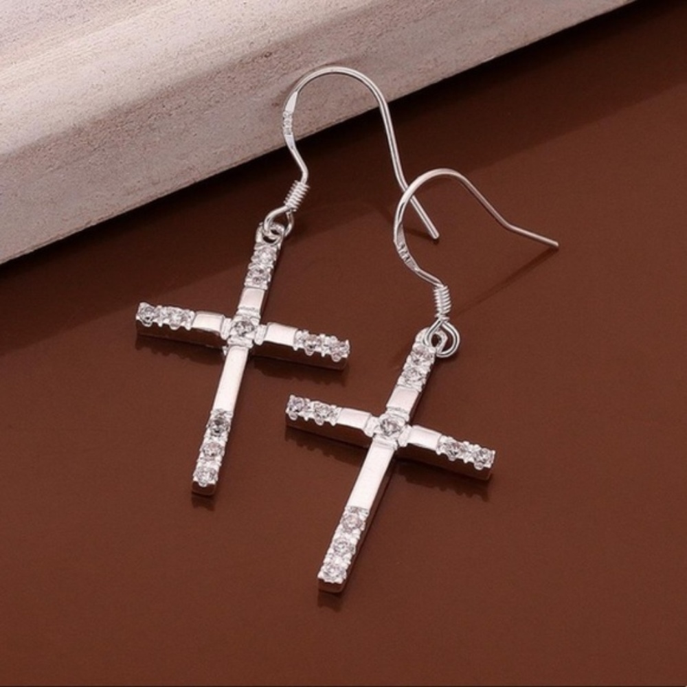 Sterling Silver Cross Rhinestone Dangle Earrings - Picture 2 of 3